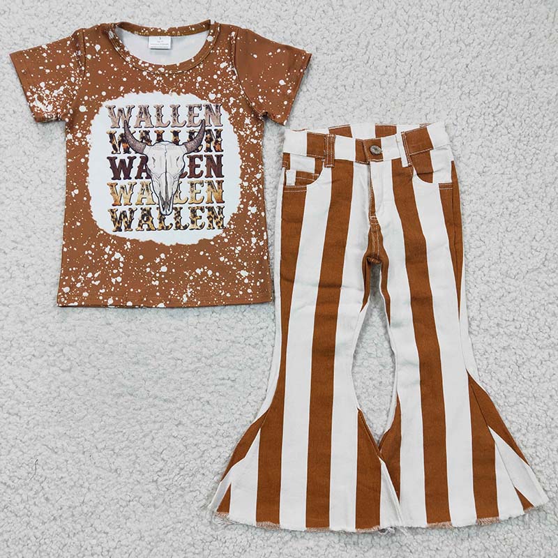 Baby Girl Singer Music Western Bull Skull Shirt Striped Bell Pants Outfit