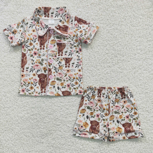 GSSO0176 Baby Kids Westen Cow Floral Short Sleeves Pocket Button Up Shorts Summer Outfit Pajamas