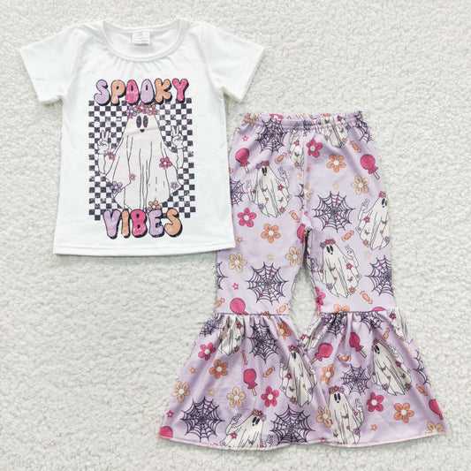 GSPO0606 Halloween Baby Girl Short Sleeves Spooky Shirt Ghost Bell Pants Outfit
