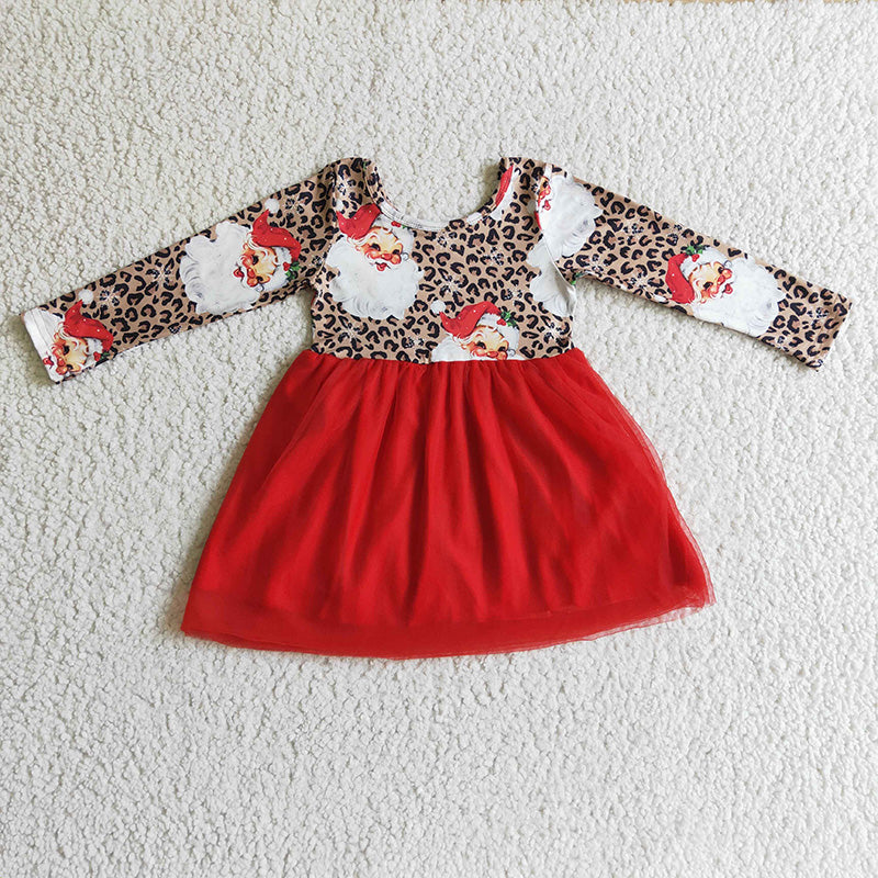 Promotion Baby Girl Long Sleeves Christmas Santa Leopard Red Tulle Dresses
