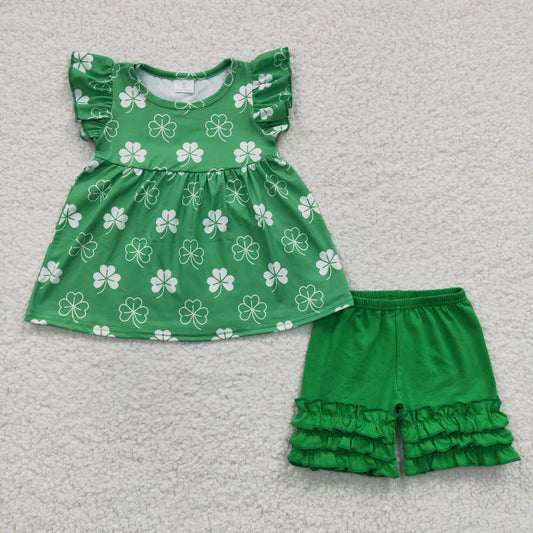 A11-21 St. Patrick's Day Baby Girl Short Sleeves Green Clover Shorts Outfit