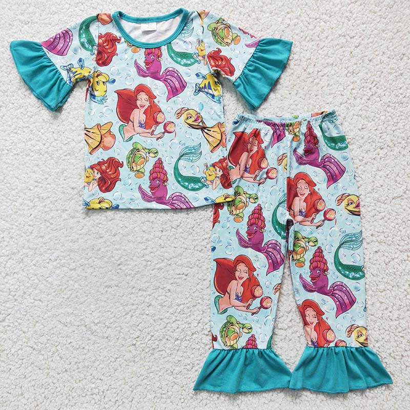 GSPO0315 Baby Girl Short Sleeves Pants Mermaid Pajamas Set