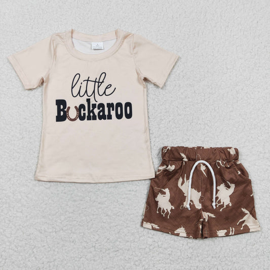 BSSO0229 Baby Boy Western Short Sleeves Horse Shorts Summer Outfit