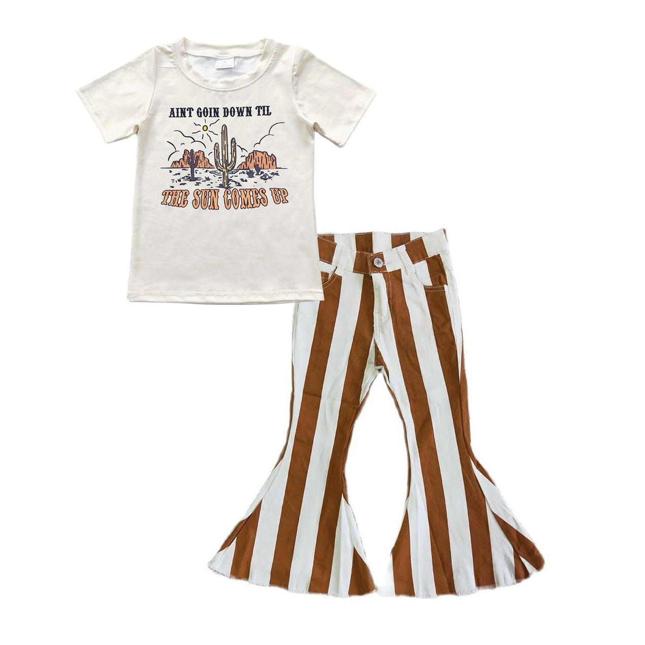 Baby Girl Western Cactus Shirt Striped Denim Jeans Pants Outfit