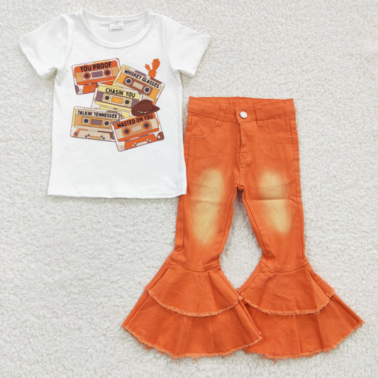 Baby Girl Western Short Sleeves Tape Shirt Yellow Denim Pants Outfit