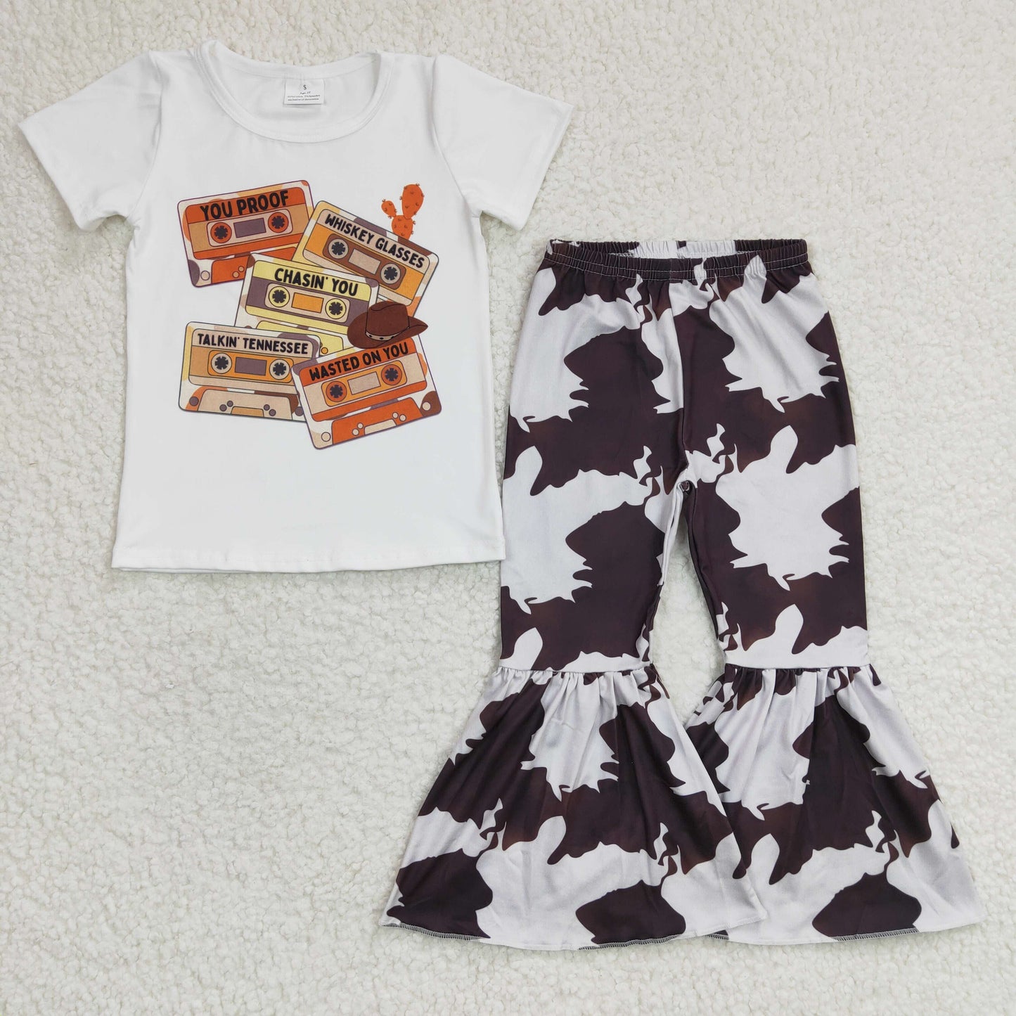 Baby Girl Western Music Short Sleeves Shirt Cow Print Bell Pants Outfit