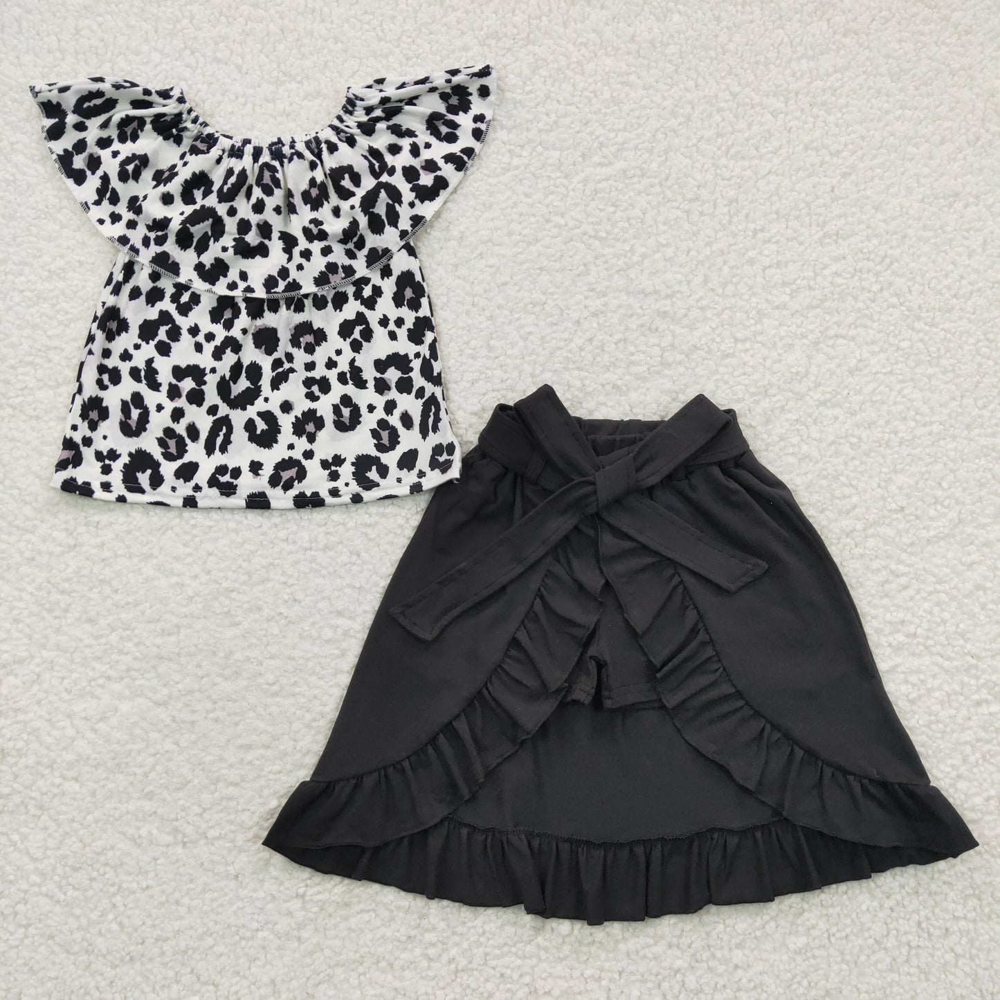 GSSO0183 Baby Girl Leopard Top Black Cotton Skirt Shorts Summer Outfit