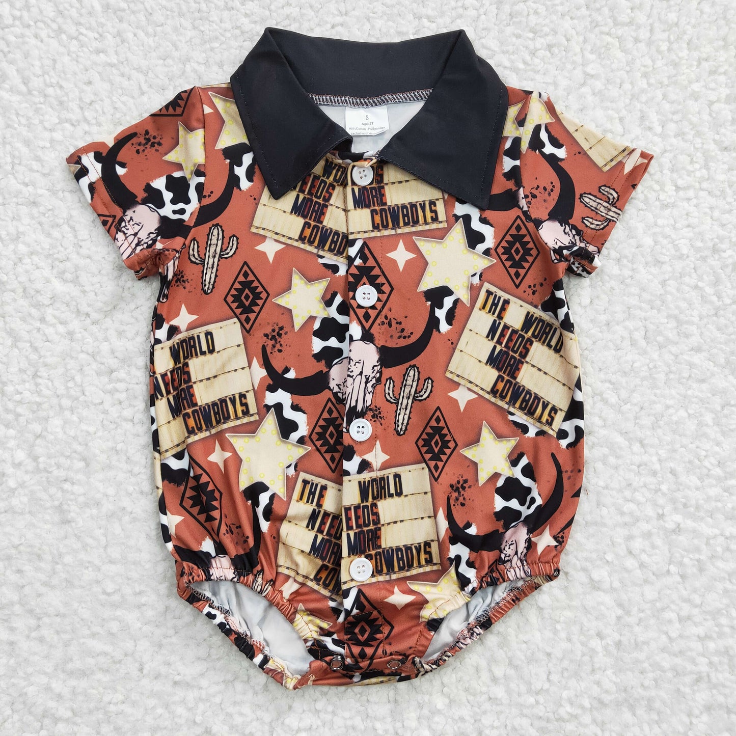 SR0193 Baby Boy Western Cow Button Up Short Sleeves Romper