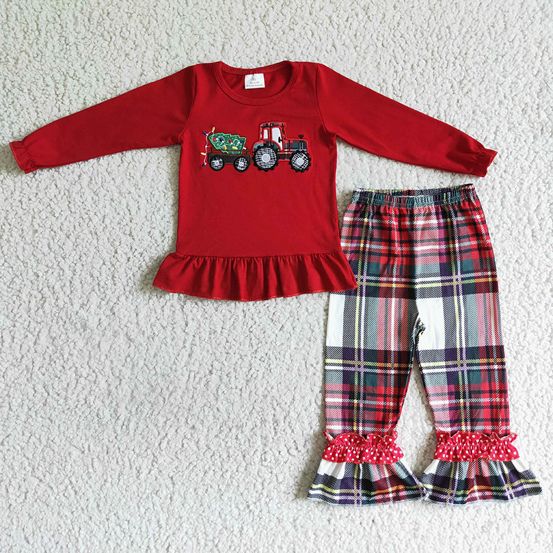 GLP0063 Boy Girl Christmas Embroidery Plaid Pants Outfit