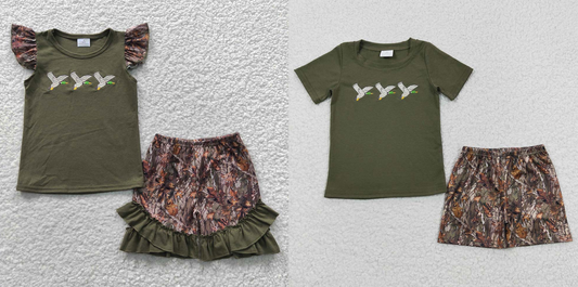 BSSO0238 Matching Baby Boy Girl Short Sleeves Embroidery Duck Shirt Camo Shorts Summer Outfit