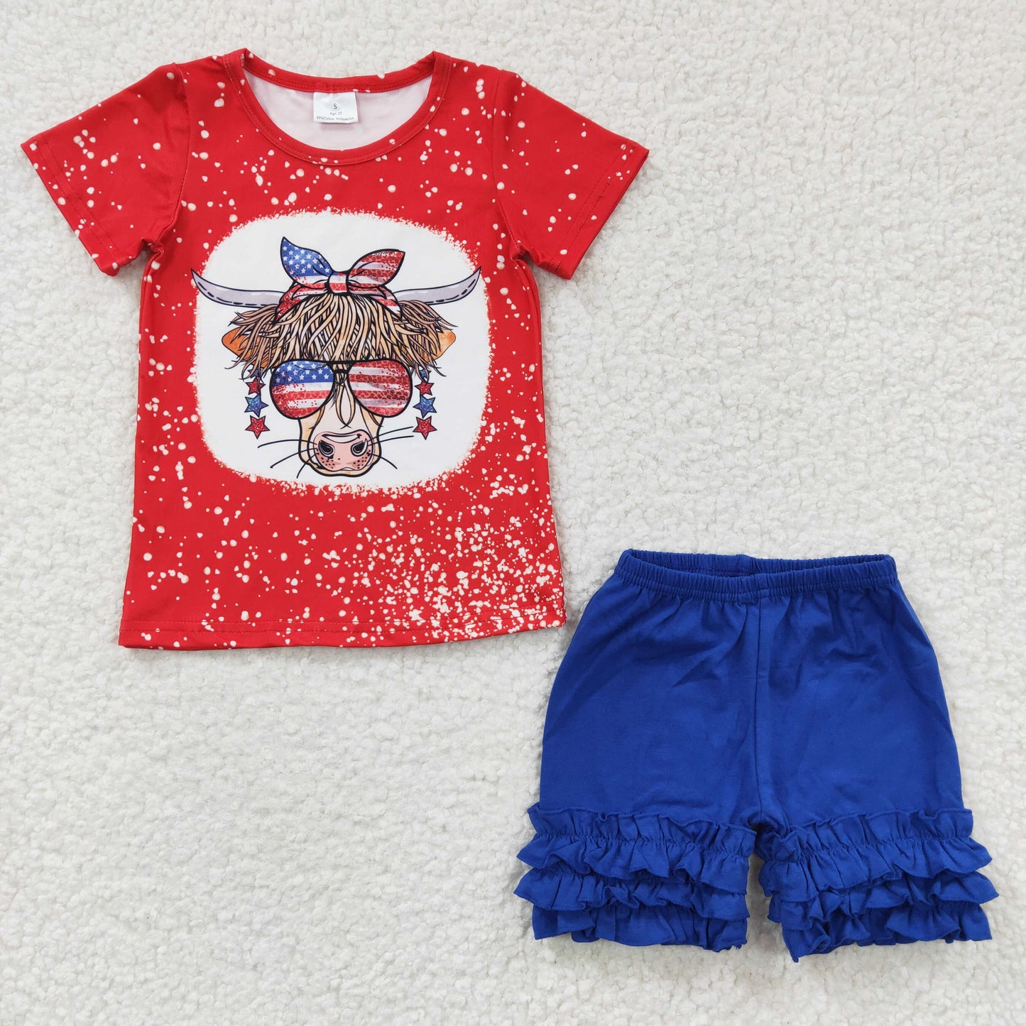 July 4th Baby Girl Western Cow Short Sleeves Shirt Blue Cotton Ruffle Shorts Outfit