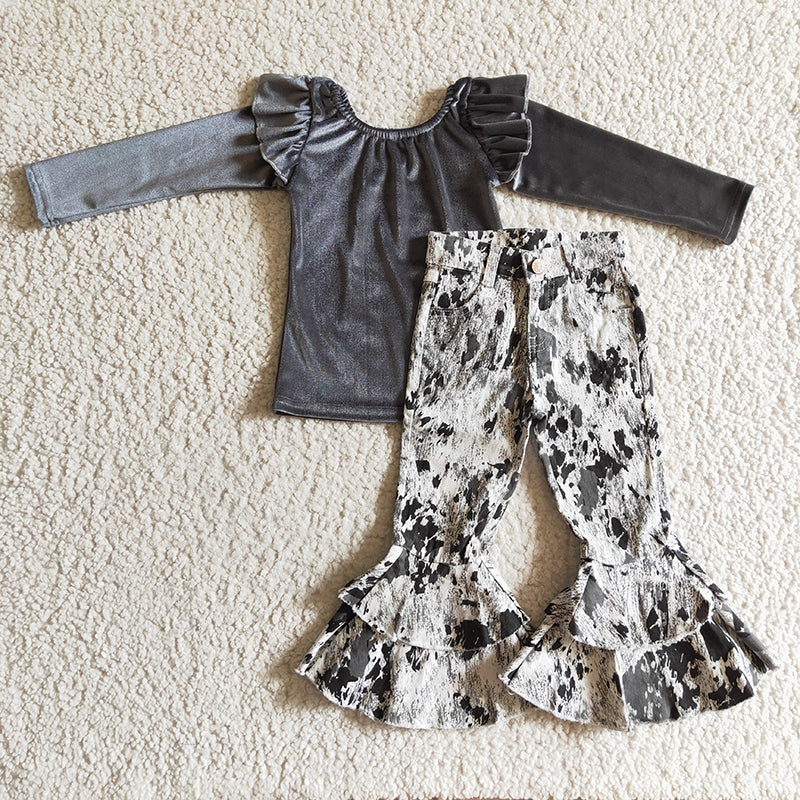 Baby Girl Grey Velvet Shirt With Jeans Denim Pants