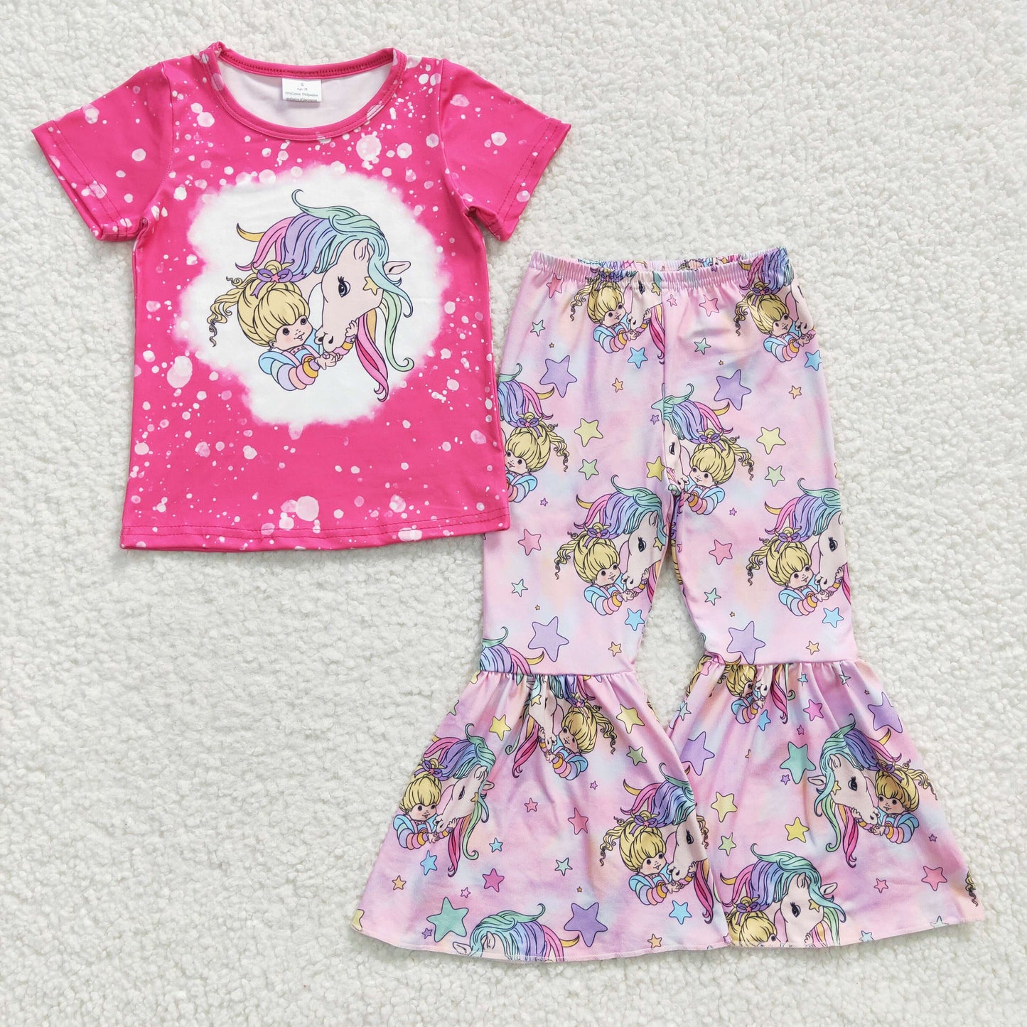 GSPO0465 Baby Girl Short Sleeves Shirt Unicorn Bell Pants Rainbow Outfit