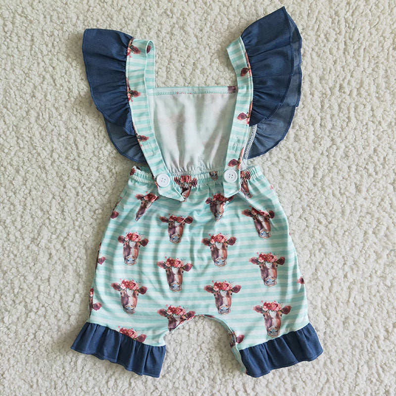 SR0004 Baby Girl Cow Stripe Ruffle Shorts Romper