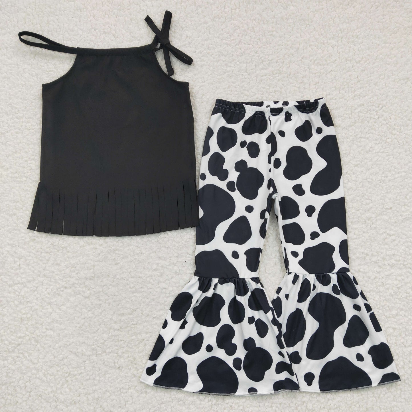 Baby Girl Tassel Black Top Cow Print Bell Pants Outfit