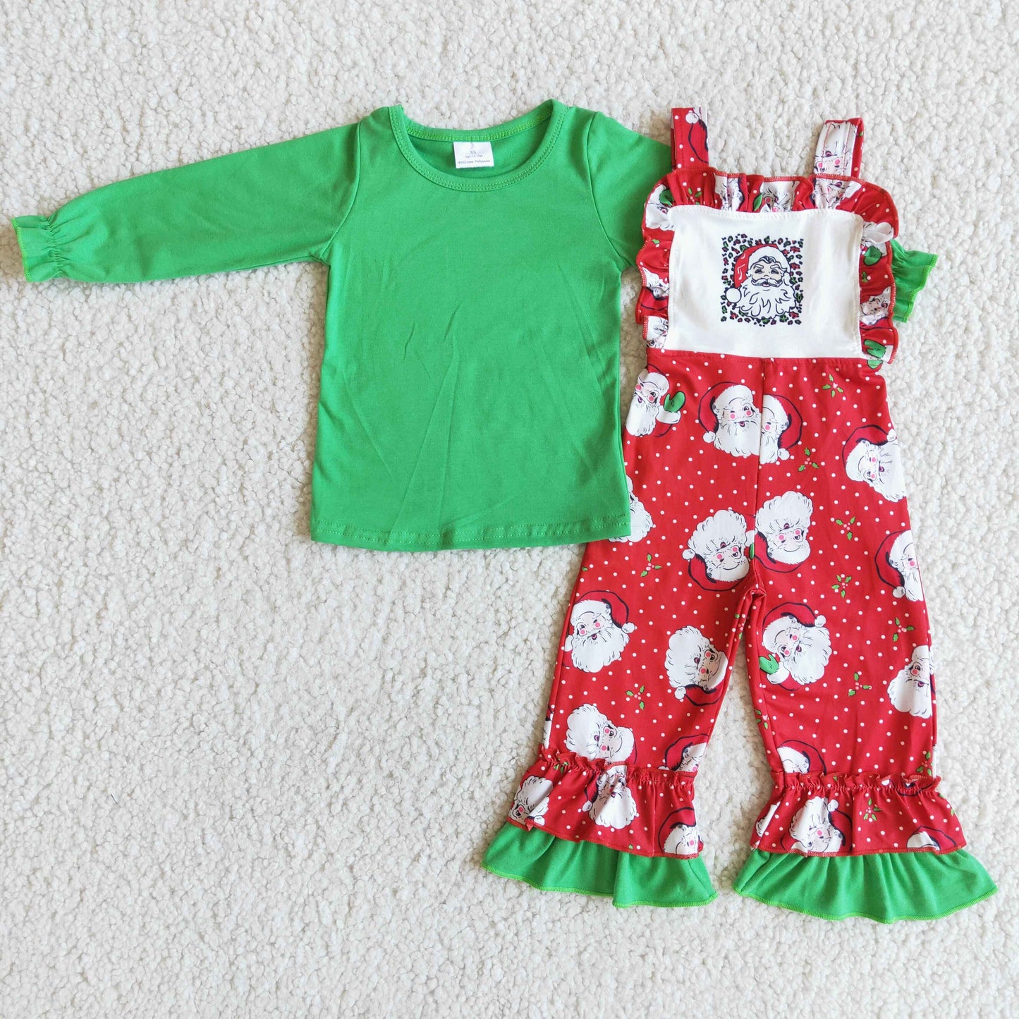 6 C7-4 Baby Girl Christmas Santa Green Cotton Shirt Overall Outfit
