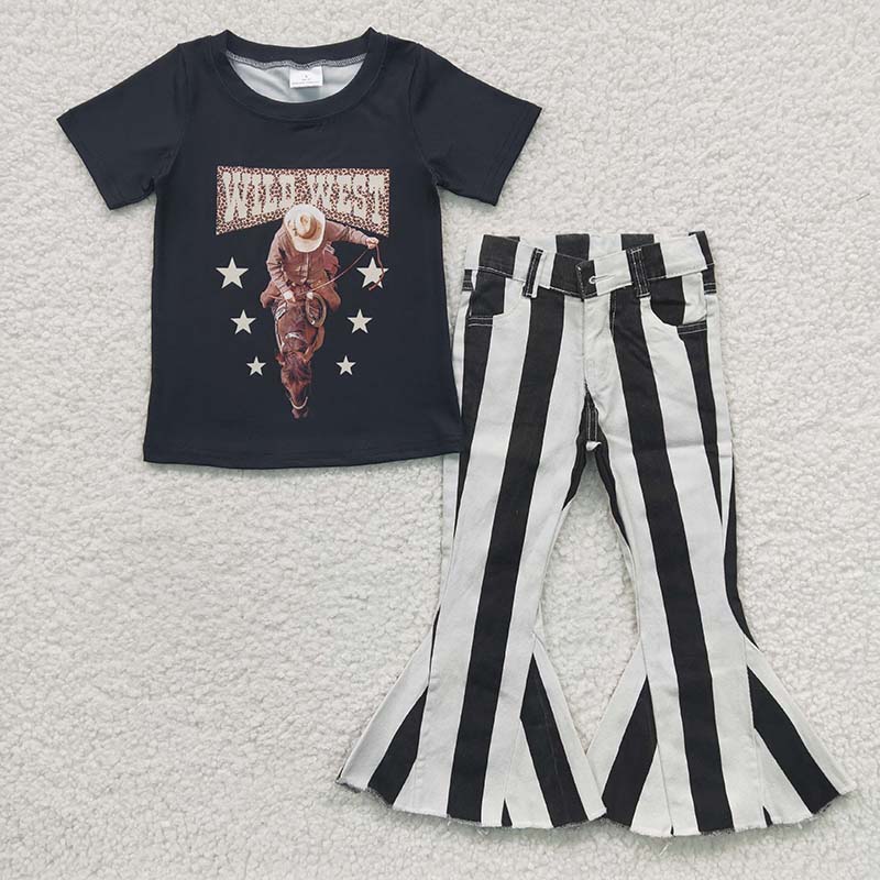 Baby Girl Western Short Sleeves Rodeo Shirt Striped Denim Pants Outfit