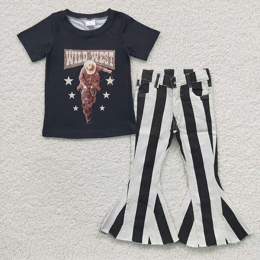 Baby Girl Western Short Sleeves Rodeo Shirt Striped Denim Pants Outfit