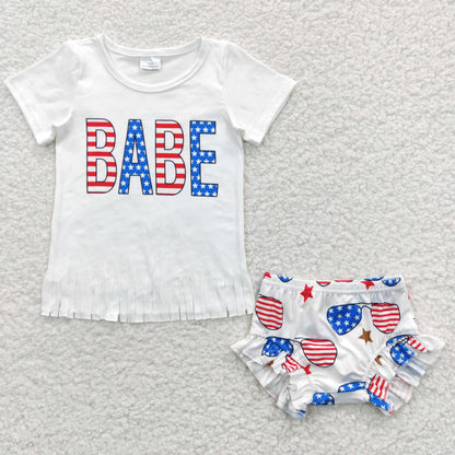 GBO0127 Baby Girl July 4th Short Sleeves Tassel Shirt Star Bummie Summer Outfit