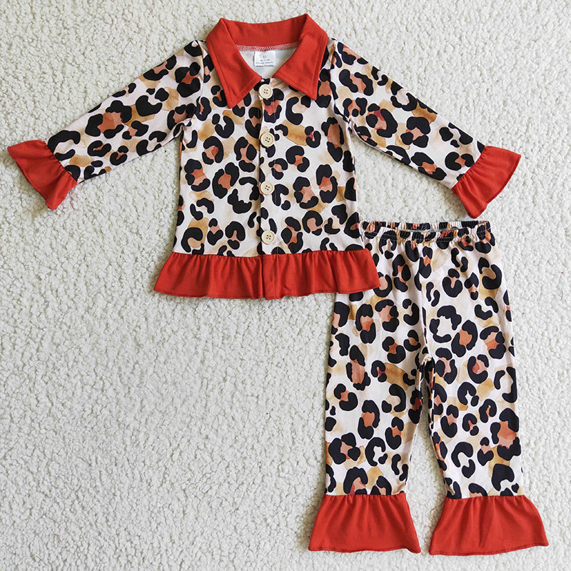 GLP0307 Christmas Baby Girl Leopard Pants Pajamas Sleepwear Set