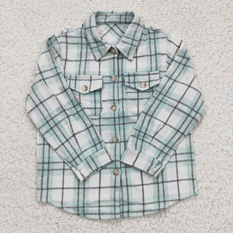 BT0169 Baby Girl Kids Green Plaid Cotton Pocket Flannel Button Up Shirt