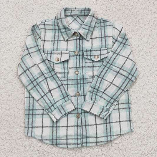 BT0169 Baby Girl Kids Green Plaid Cotton Pocket Flannel Button Up Shirt
