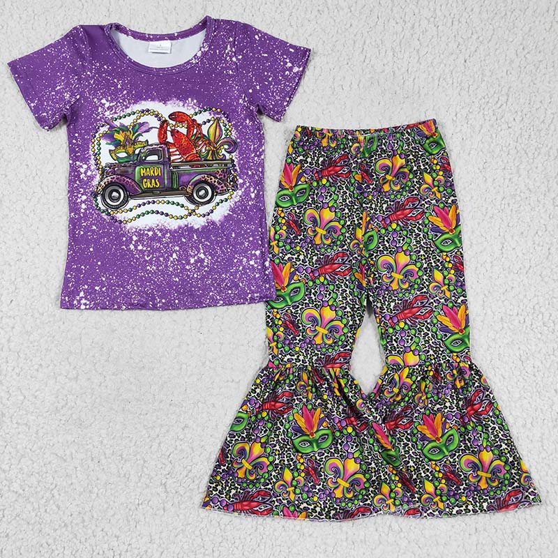 GSPO0268 Baby Girl Crawfish Mardi Gras Bell Pants Purple Set