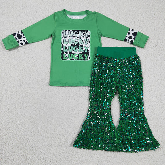 Baby Girl Kids Lucky Shirt Green Sequins Pants St. Patrick's Day Outfit