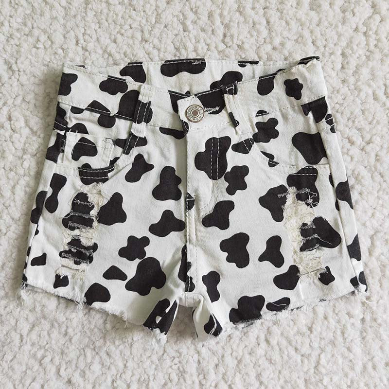 SS0027 Summer Baby Girl Cow Print Denim Shorts