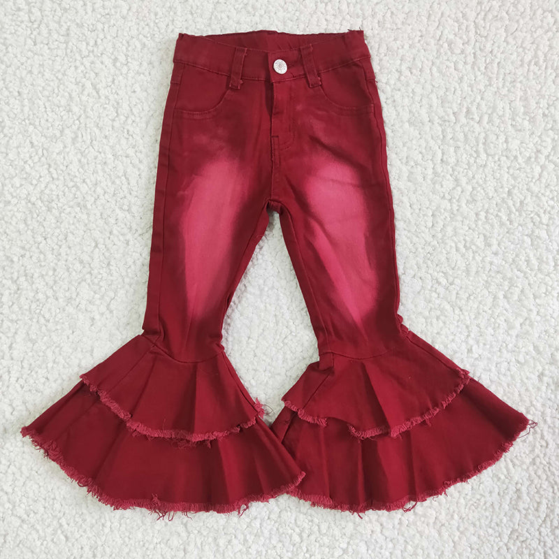P0004 Baby Girls Denim Double Ruffle Red Jeans