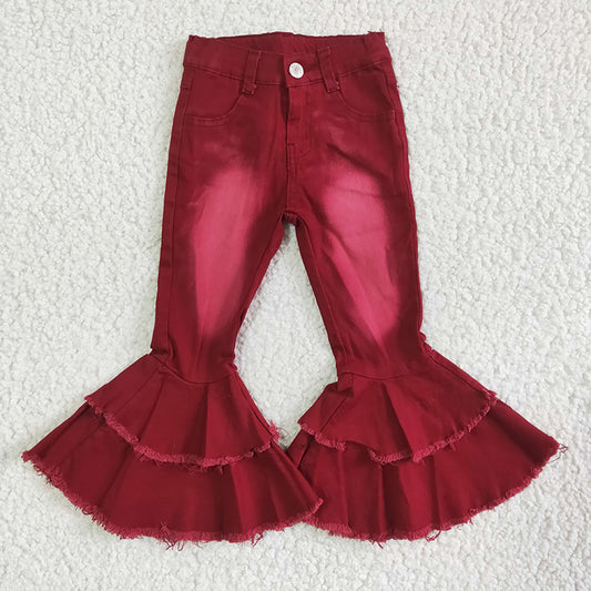 P0004 Baby Girls Denim Double Ruffle Red Jeans