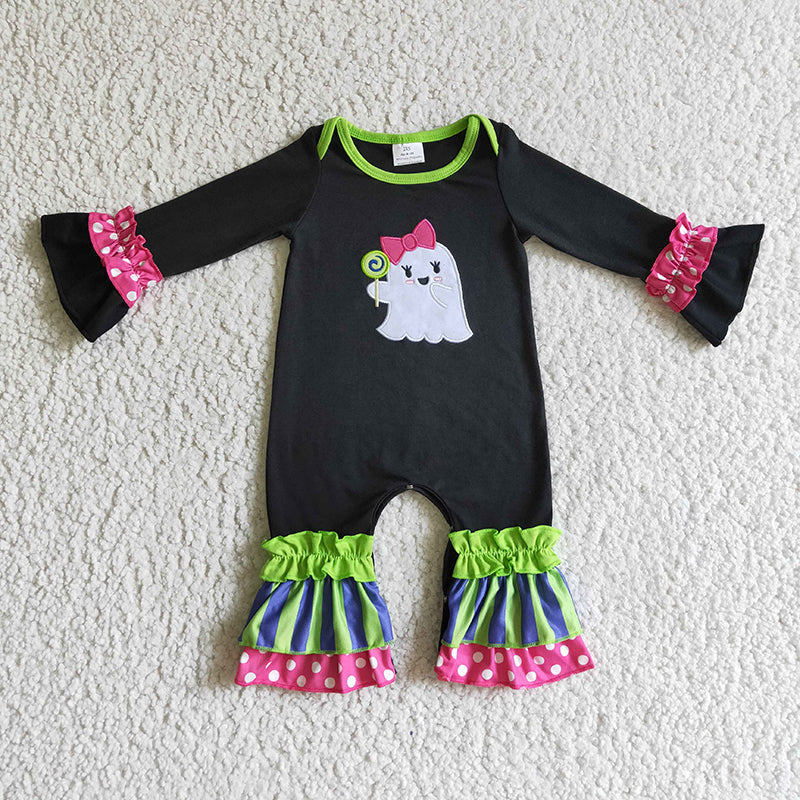 LR0133 Baby Girl Embroidery Halloween Ghost Romper