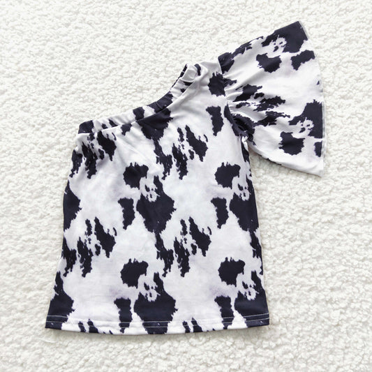 GT0168 Baby Girl Western Cow Print One Shoulder Summer Top Shirt
