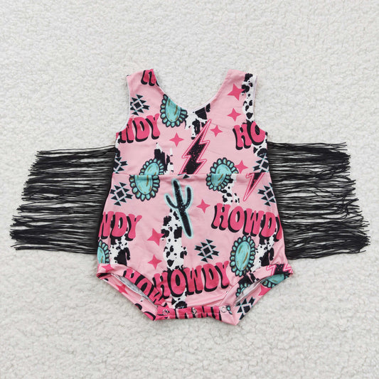 SR0324 Baby Girl Tassel Western Cactus Cow Summer Romper