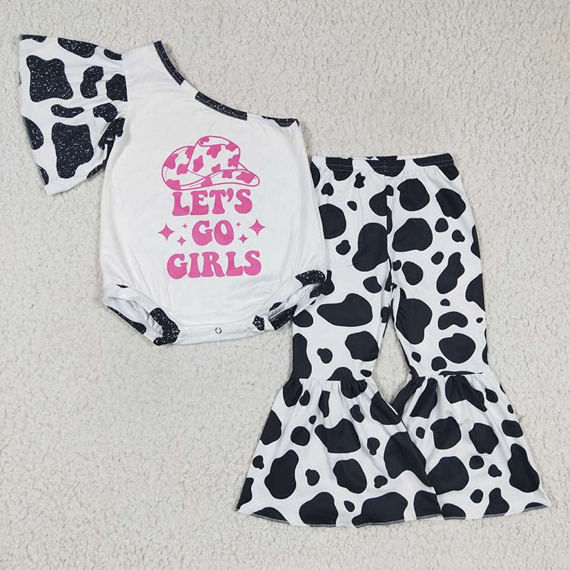 Baby Girl Western Cow One Shoulder Romper Bell Pants Set