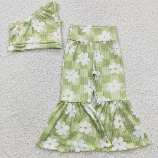 GSPO0524 Baby Girl Floral One Shoulder Top Bell Pant Green Ribbed Outfit