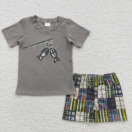 A3-12 Baby Boy Grey Short Sleeves Embroidery Fishing Cotton Shirt Plaid Shorts Summer Outfit
