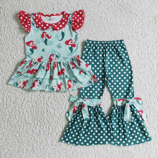 GSPO0201 Baby Girl Princess Green Polka Dots Pants Kids Set