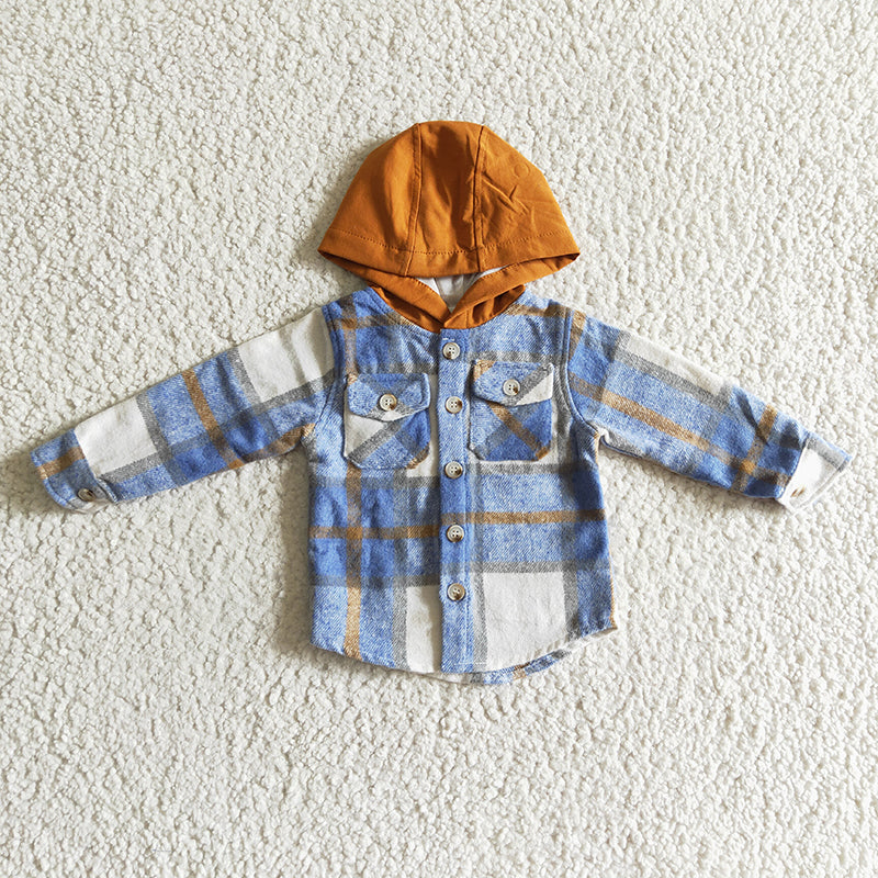 BT0074 Baby Boy plaid cotton shirt pocket flannel button up hoodie