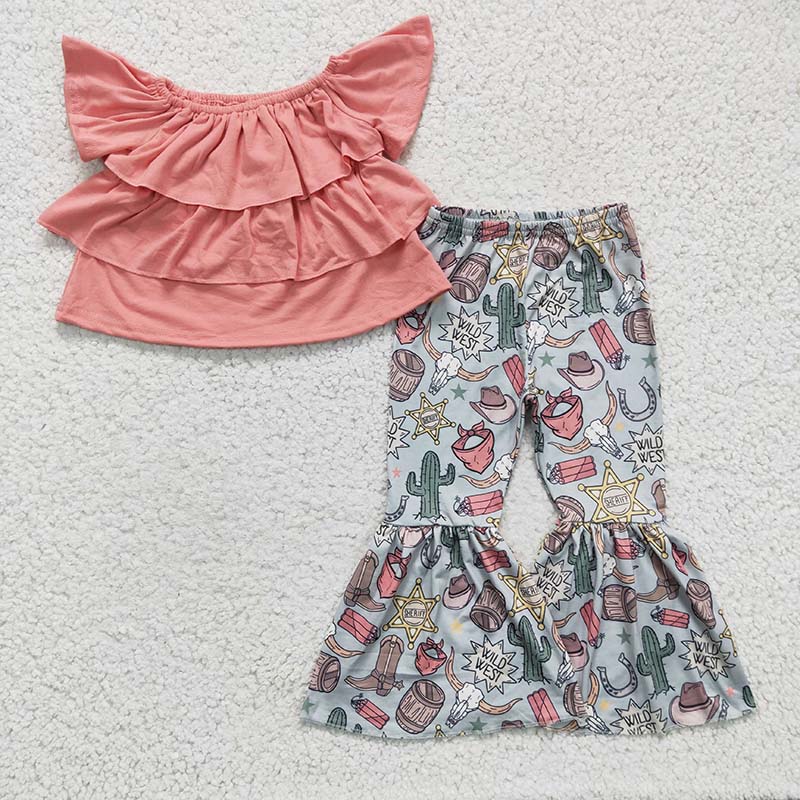 GSPO0293 Baby Girl Pink Cotton Top Western Cow Bell Pants Outfit