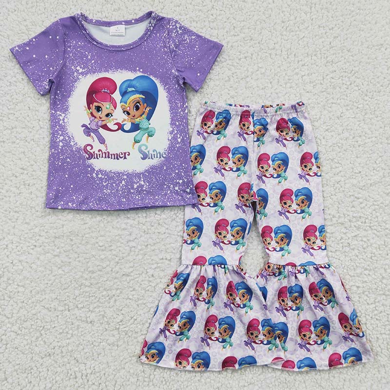 GSPO0331 Baby Girl Purple Short Sleeves Shirt Bell Pants Cartoon Birthday Outfit