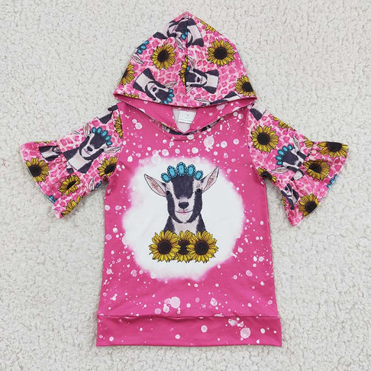 GT0096 Baby Girl Sunflower Cow Hoodie Short Sleeves Pink Shirt