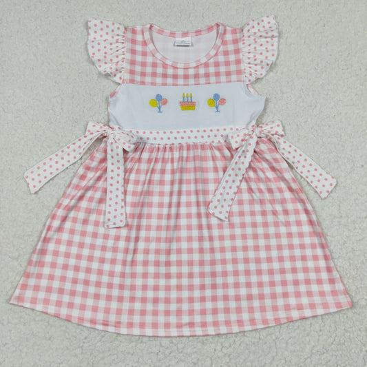 GSD0276 Baby Girl Summer Pink Plaid Short Sleeves Birthday Embroidery Dress