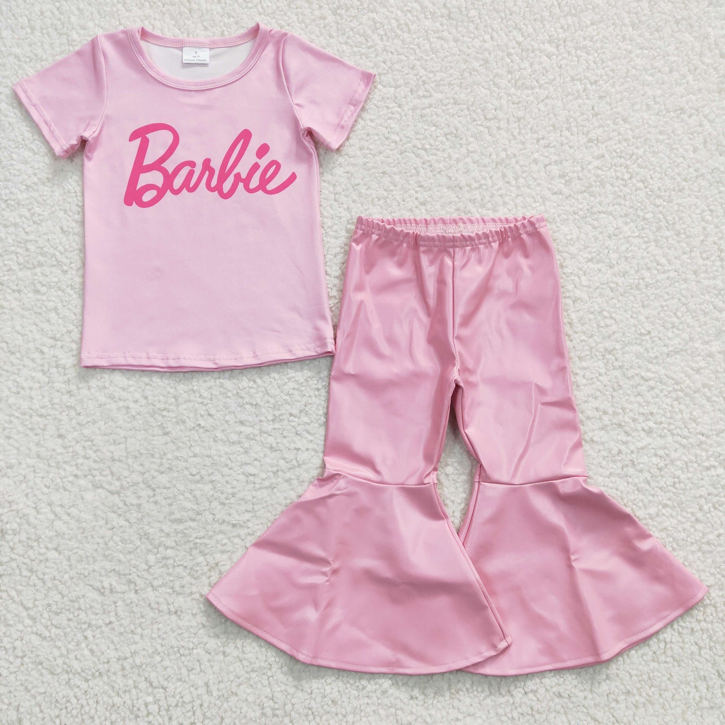 Baby Girl Short Sleeves Letter Shirt Pink Doll Leather Bell Pants Outfit