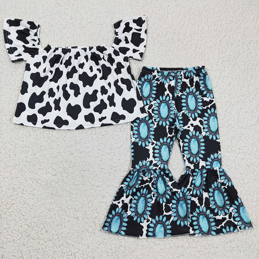 GSPO0351 Baby Girl Western Cow Print Bell Pants Outfit