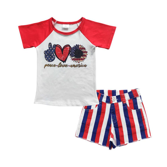 July 4th Baby Girl Short Sleeves Sunflower Shirt Striped Denim Shorts Outfit