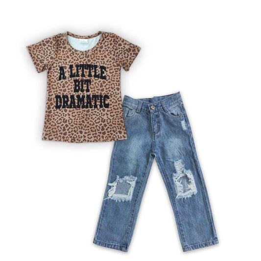 Baby Kids Short Sleeves a little bit dramatic Leopard Shirt Denim Jeans Pants Outfit