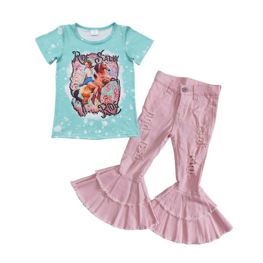 Baby Girl Western Rodeo Shirt Pink Denim Jeans Pants Outfit