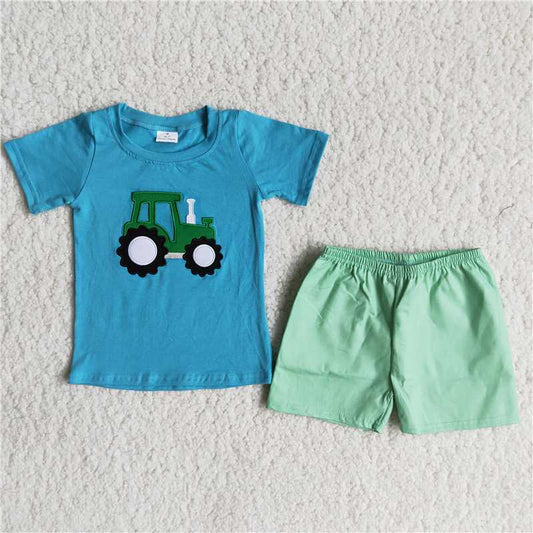 Baby Boy Summer Embroidery Tractor Plaid Shorts Outfit