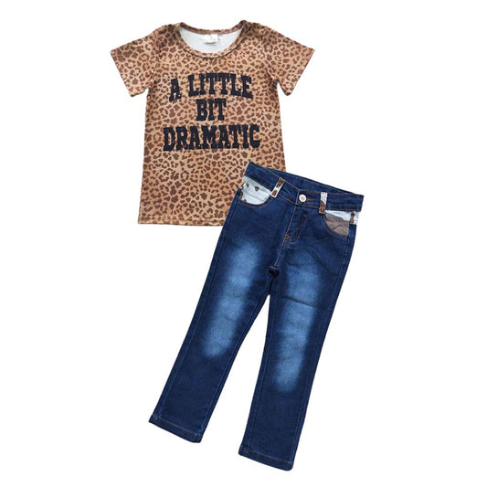 Baby Girl Summer Short Sleeves A Little Bit Bramatic Leopard Shirt Denim Jeans Pants Outfit